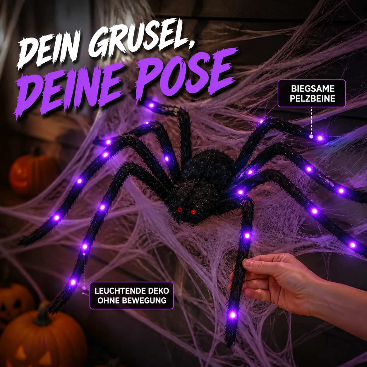 Lila leuchtende haarige Halloween-Spinne, 49,2 Zoll