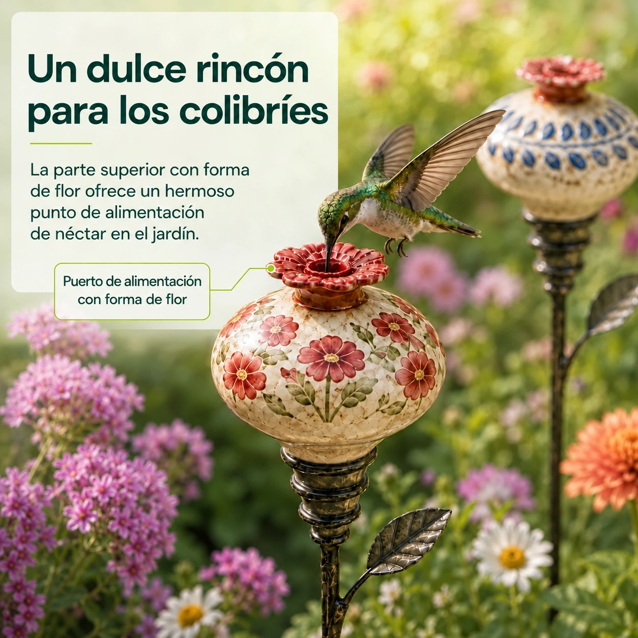 Bebedero para colibríes de cerámica pintada a mano con estaca