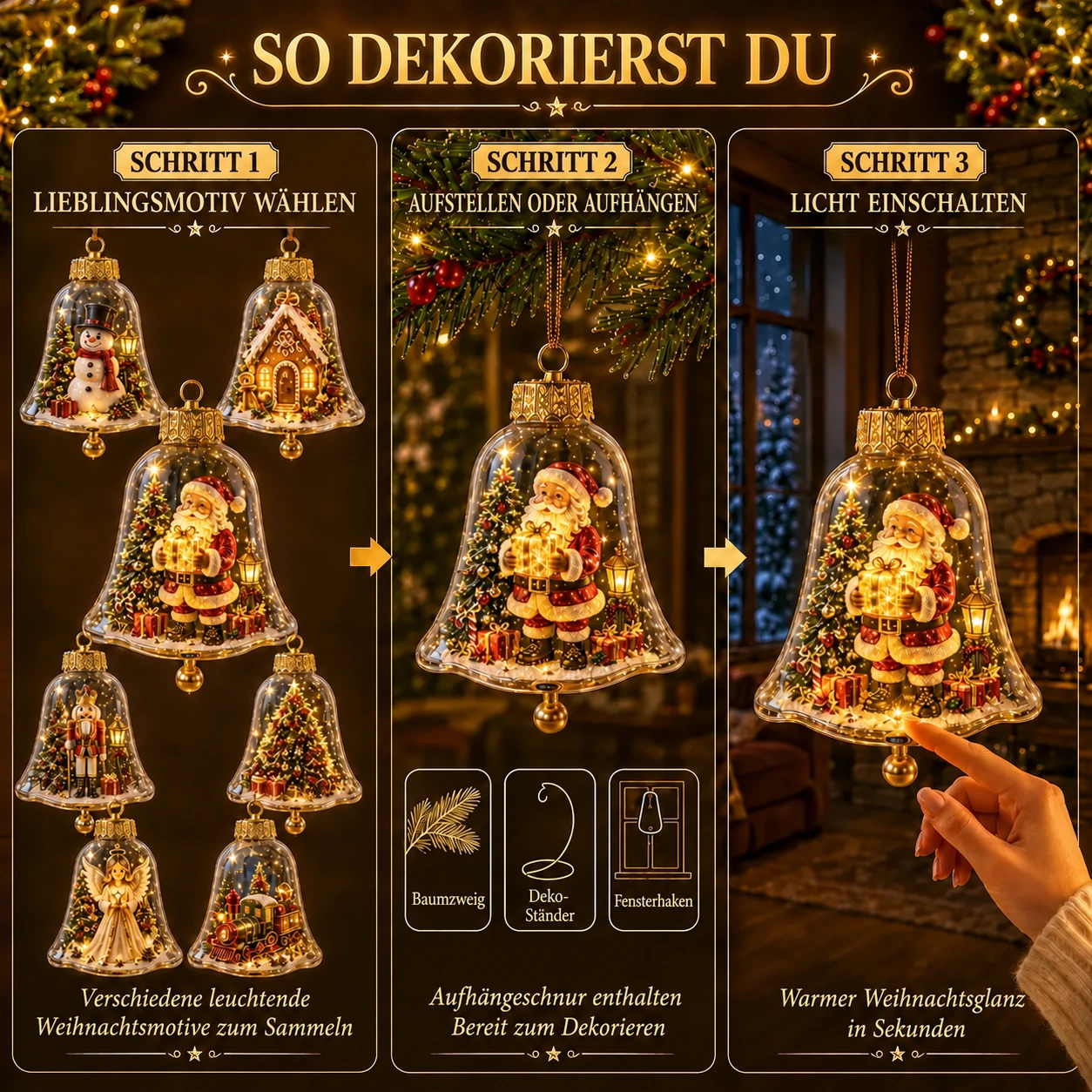 Warm leuchtender Weihnachtsglocken-Anhänger mit Miniaturszene