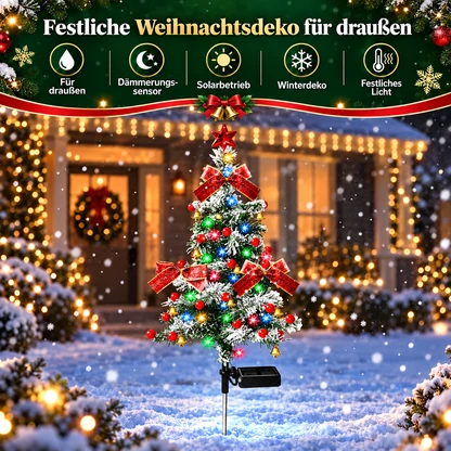 Solar-Gartenstecker mit verschneitem Weihnachtsbaum und bunten LEDs