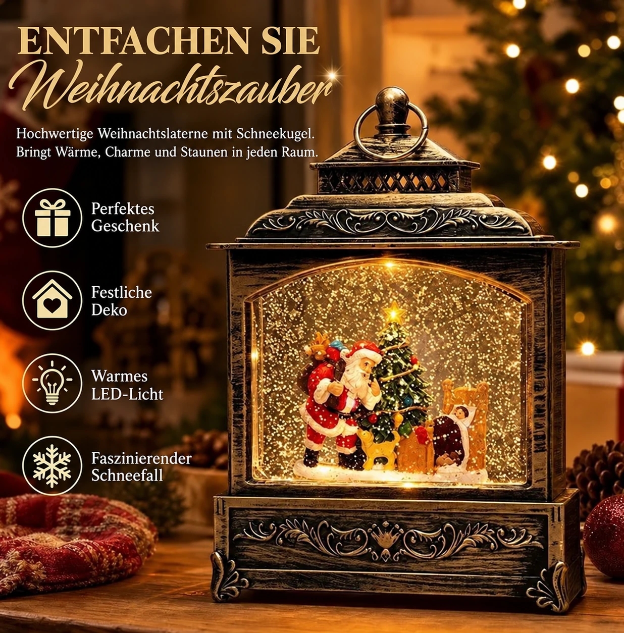 Musikalische Weihnachtslaterne mit wirbelndem Schnee