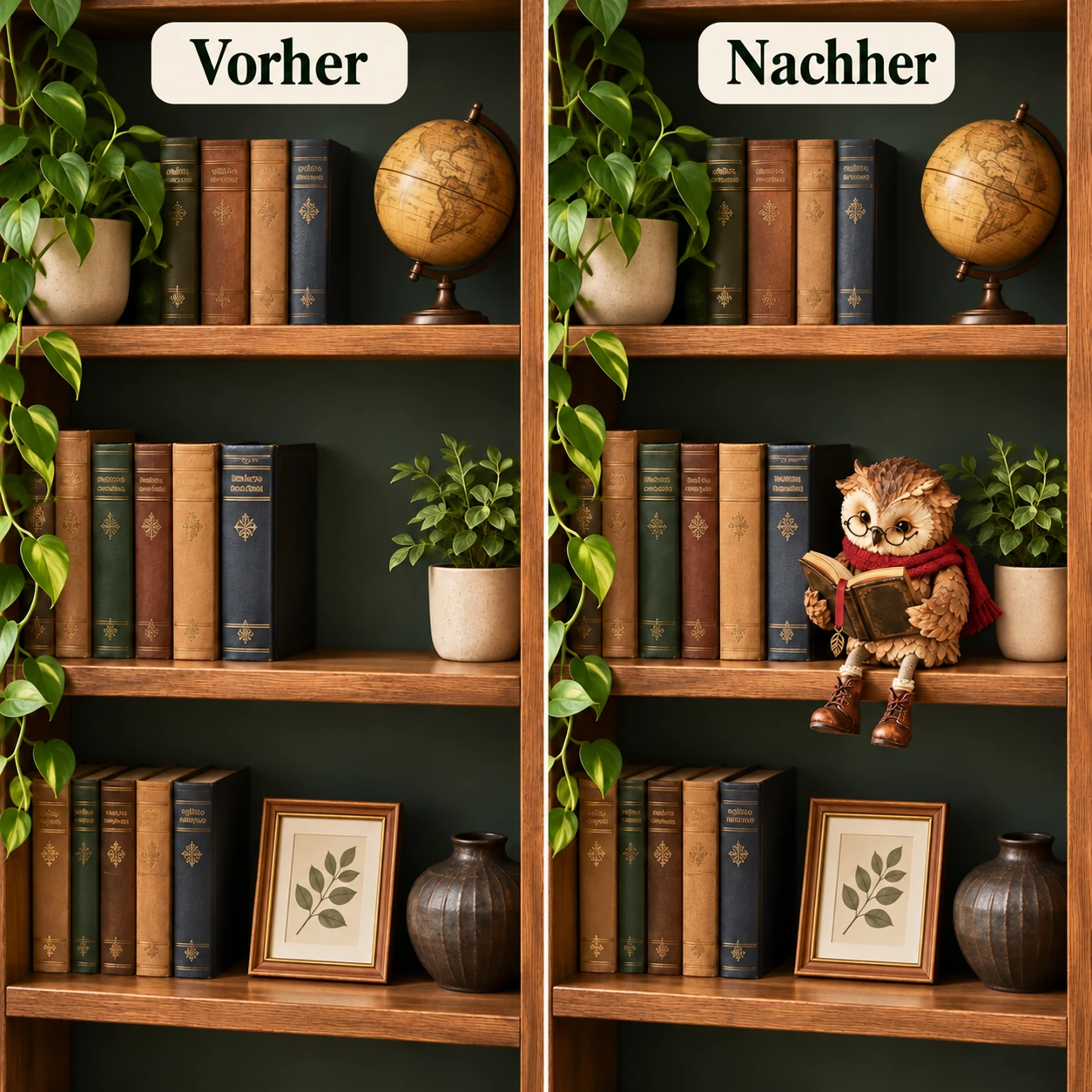Illustration desselben Regals vorher und nachher, mit einer lesenden Eule in der Nachher-Ansicht