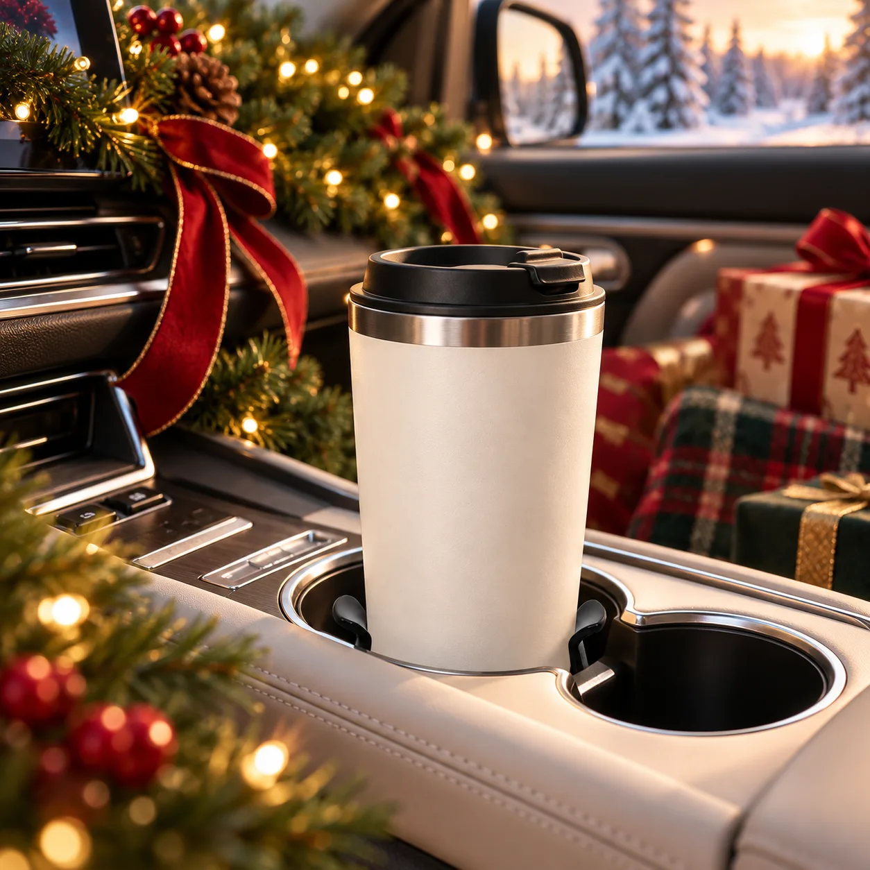 Coffee cup held in a recessed black cup holder insert in a Christmas decorated car