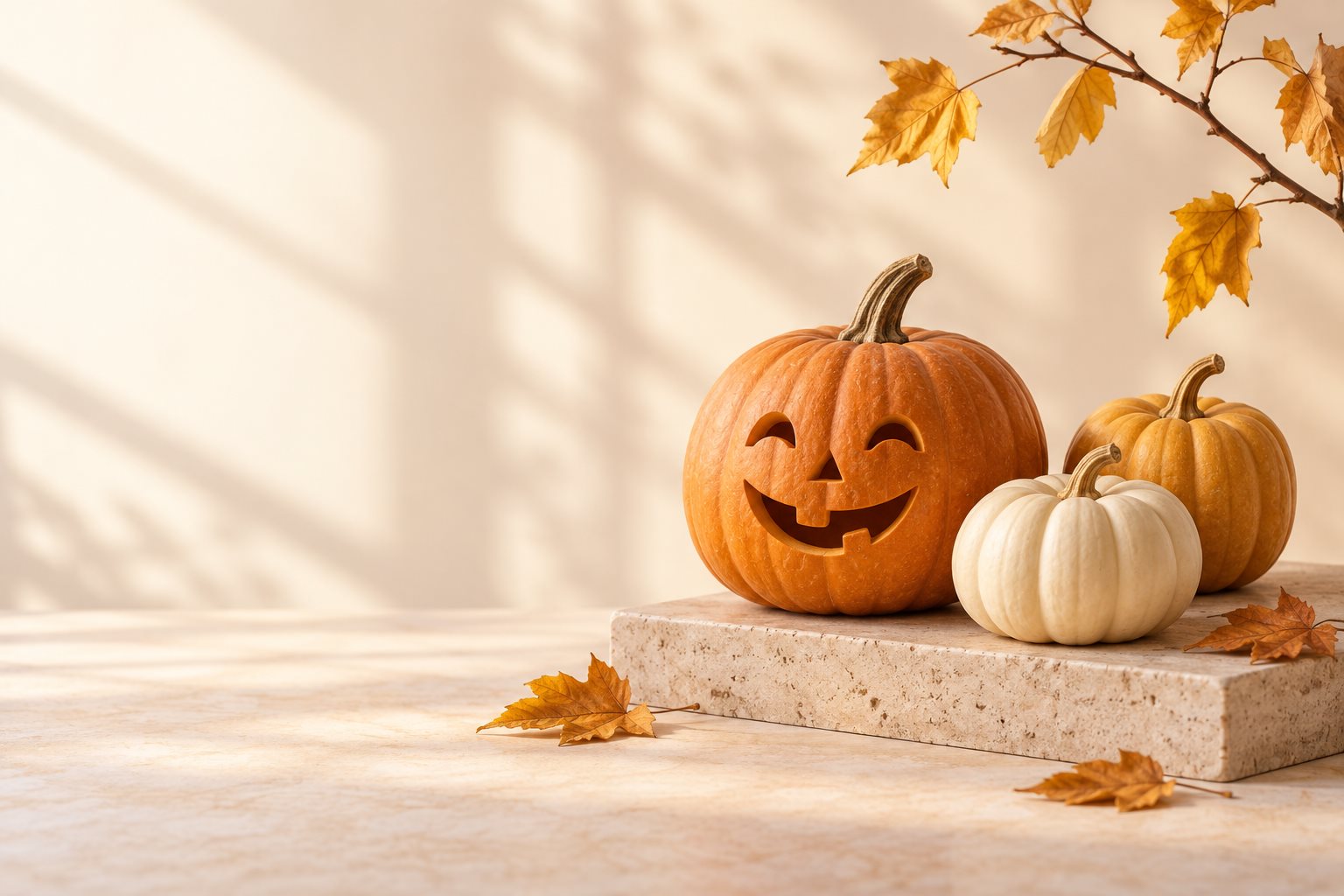 Three autumn pumpkins and a few golden leaves in soft daylight