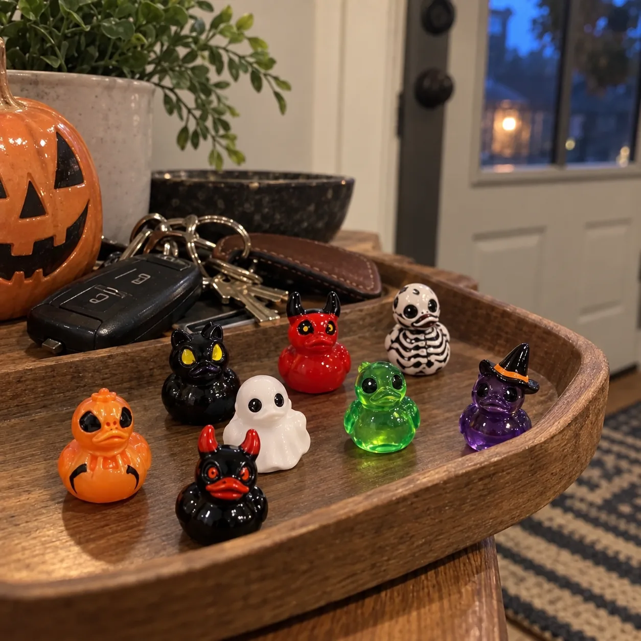 Mini-Halloween-andefigurer på en entrébakke