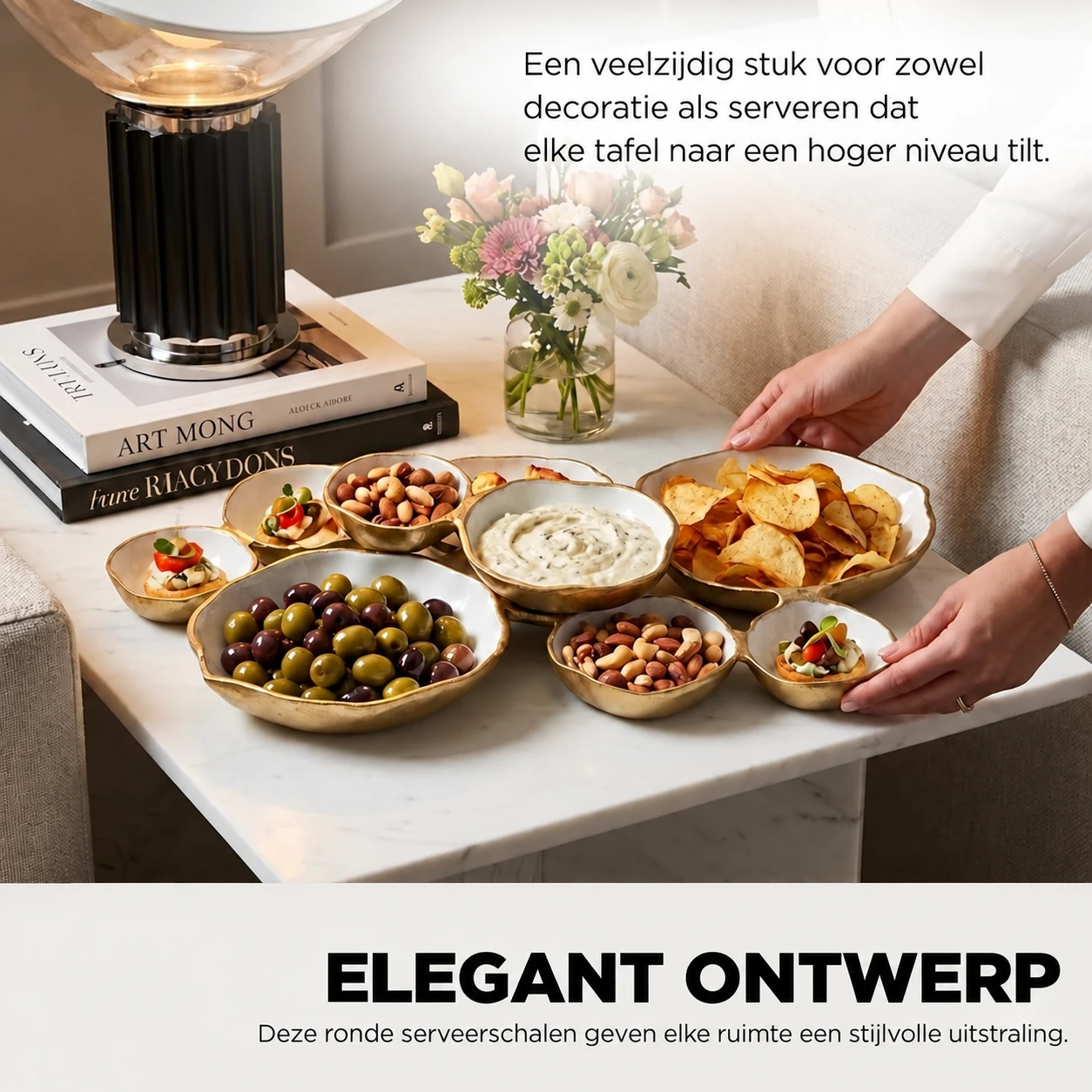 Golden Gathering – serveerschaal met 9 kommetjes | Wit &amp; goud