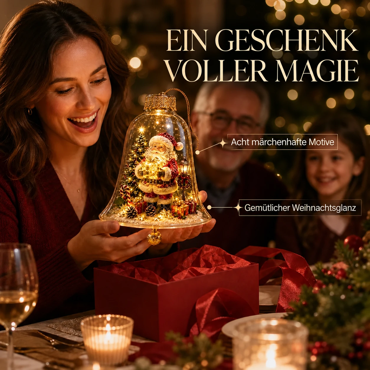 Warm leuchtender Weihnachtsglocken-Anhänger mit Miniaturszene