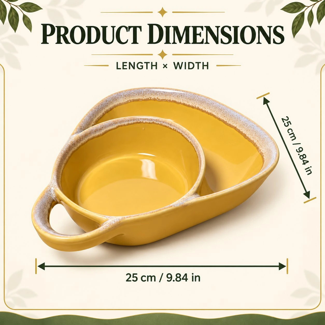 Divided ceramic serving bowl shown with product specifications and proportions