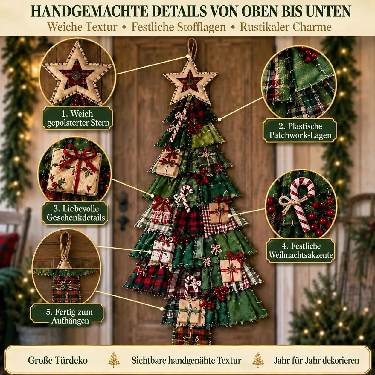 Bastelset für einen übergroßen Patchwork-Weihnachtsbaum-Türhänger