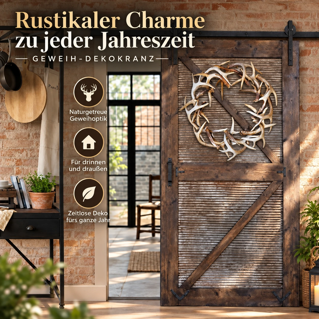 Rustikaler Weihnachtskranz aus Kunstgeweih – weiß gekalkt oder dunkelbraun