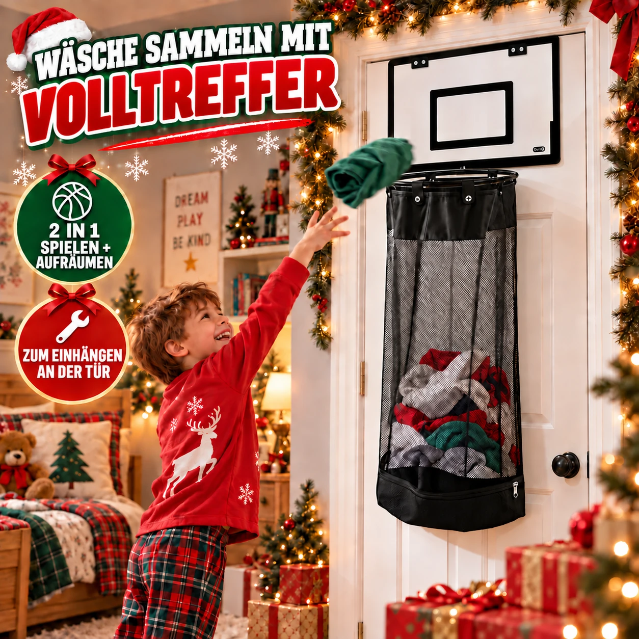 Weihnachtlicher Wäschekorb mit Basketballkorb zum Einhängen über der Tür