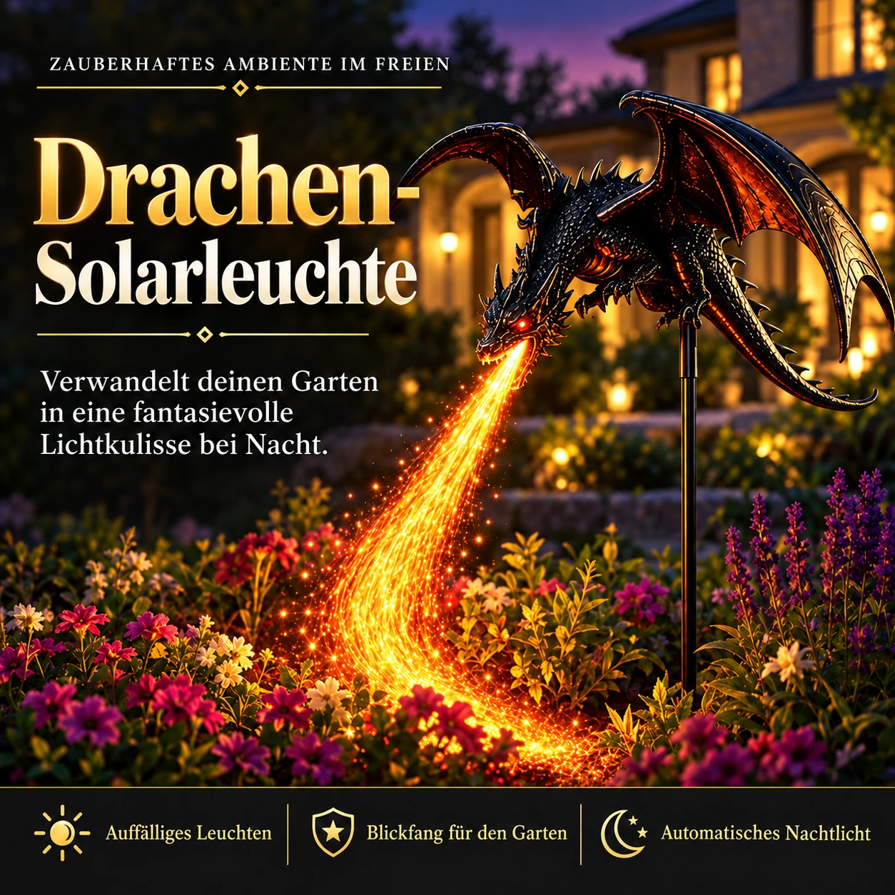 Halloween-Solar-Gartenstecker mit feuerspeiendem Drachen