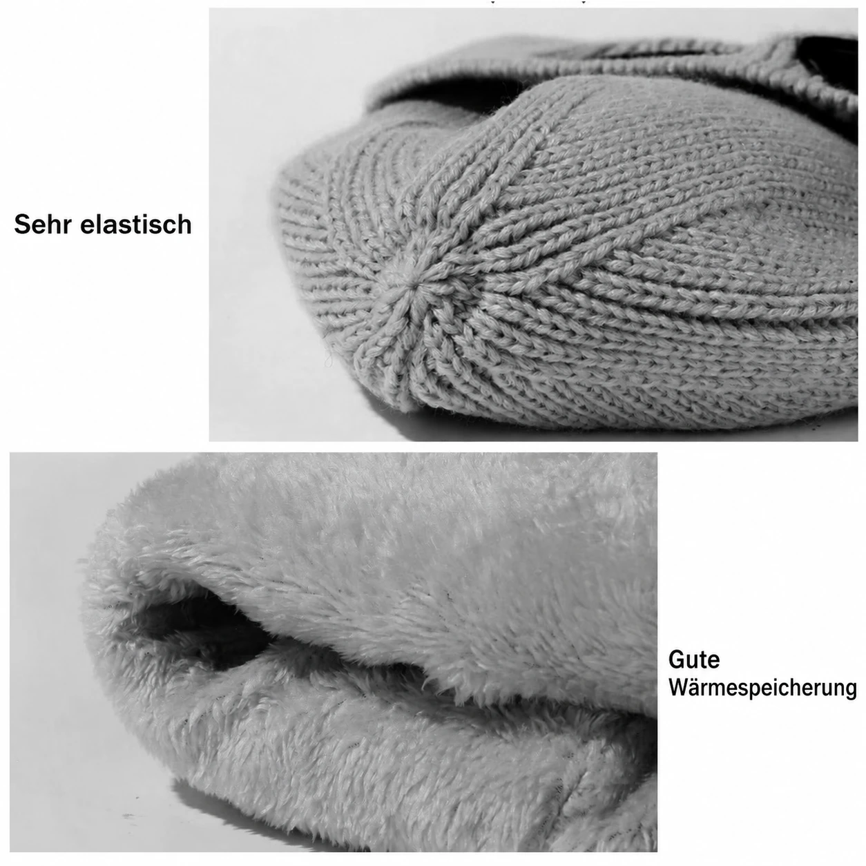 Nahaufnahme der Strickstruktur und weich wirkenden Innenseite