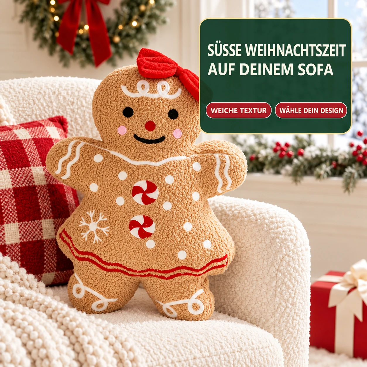 Weihnachtliches Lebkuchenmann-Kissen – 17,7 Zoll