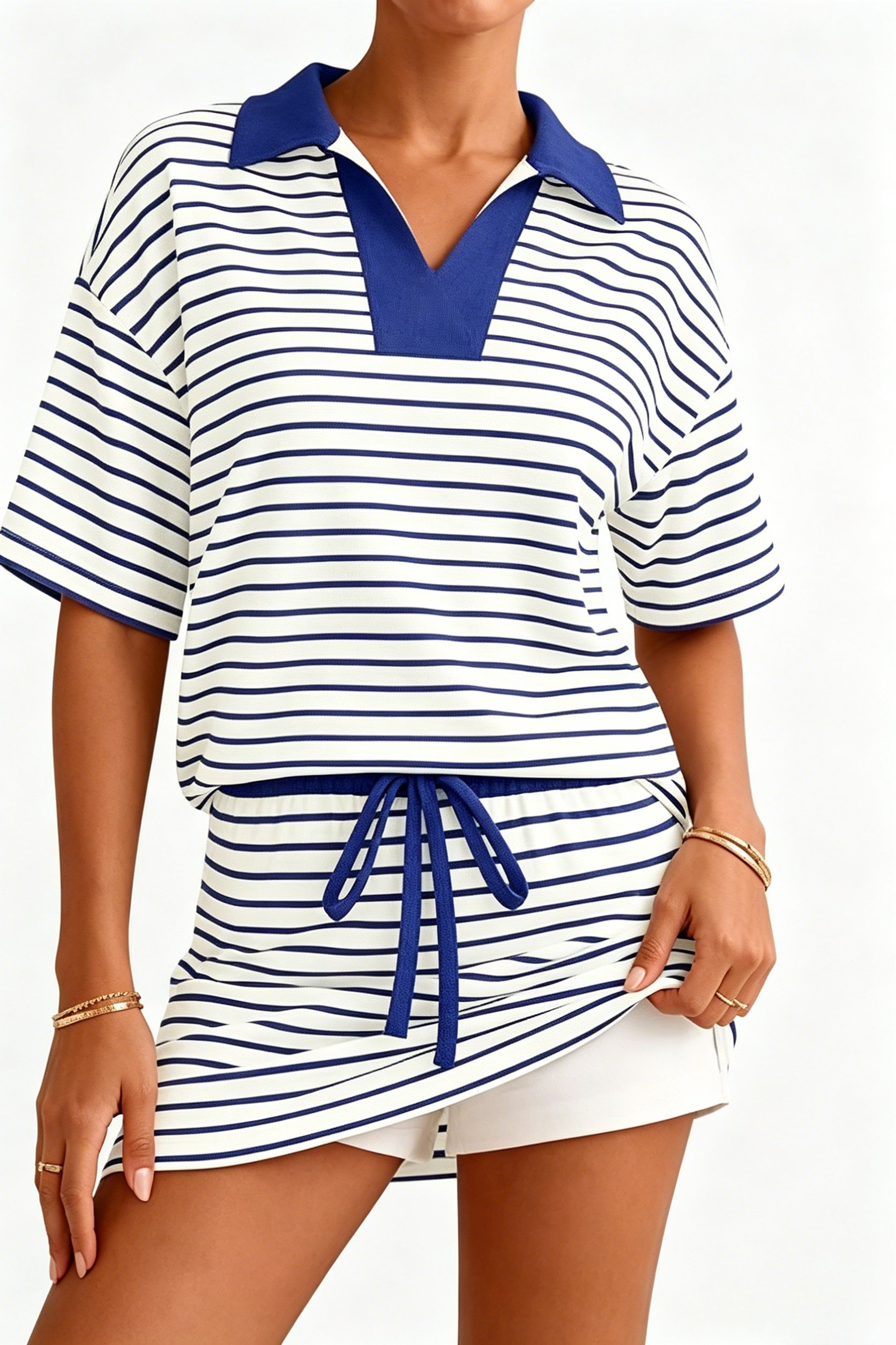 Striped Polo Top & Skort Lounge Set（Buy 2 Free Shipping）