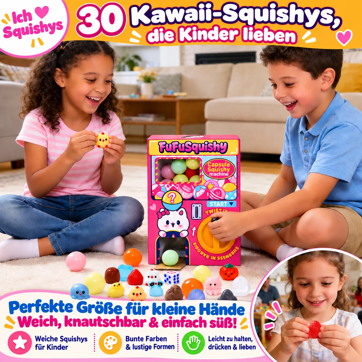 Kinder spielen gemeinsam mit dem Squishy-Kapselautomaten