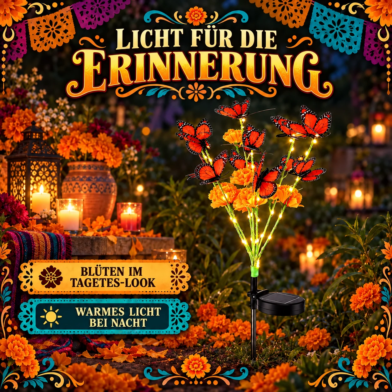 Solar-Gartenleuchte mit Tagetes und Schmetterling – Halloween- und Día-de-Muertos-Deko