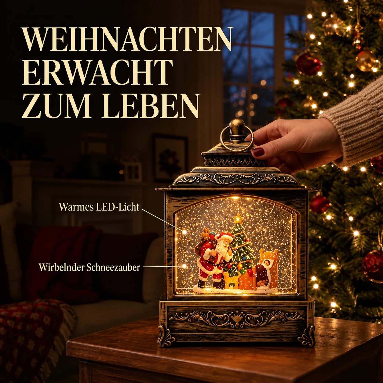 Musikalische Weihnachtslaterne mit wirbelndem Schnee
