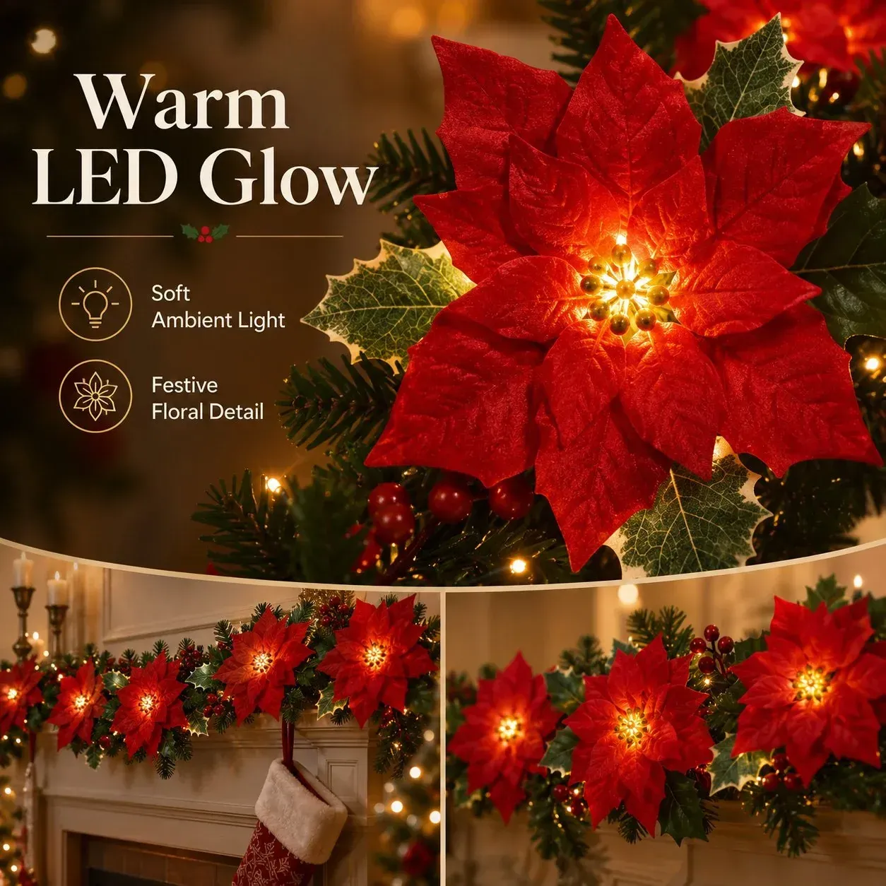 🎄✨ Christmas Poinsettia LED Garland String Lights