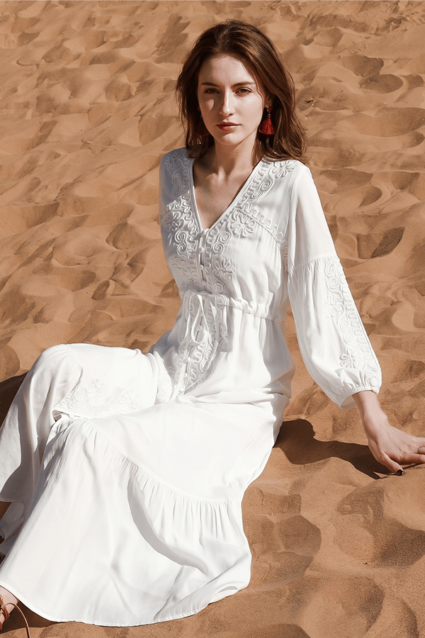 Women’s Retro Embroidered V-Neck Vacation Maxi Dress