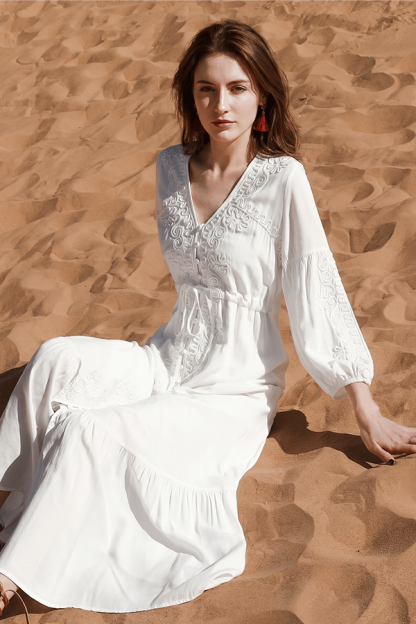 Women’s Retro Embroidered V-Neck Vacation Maxi Dress