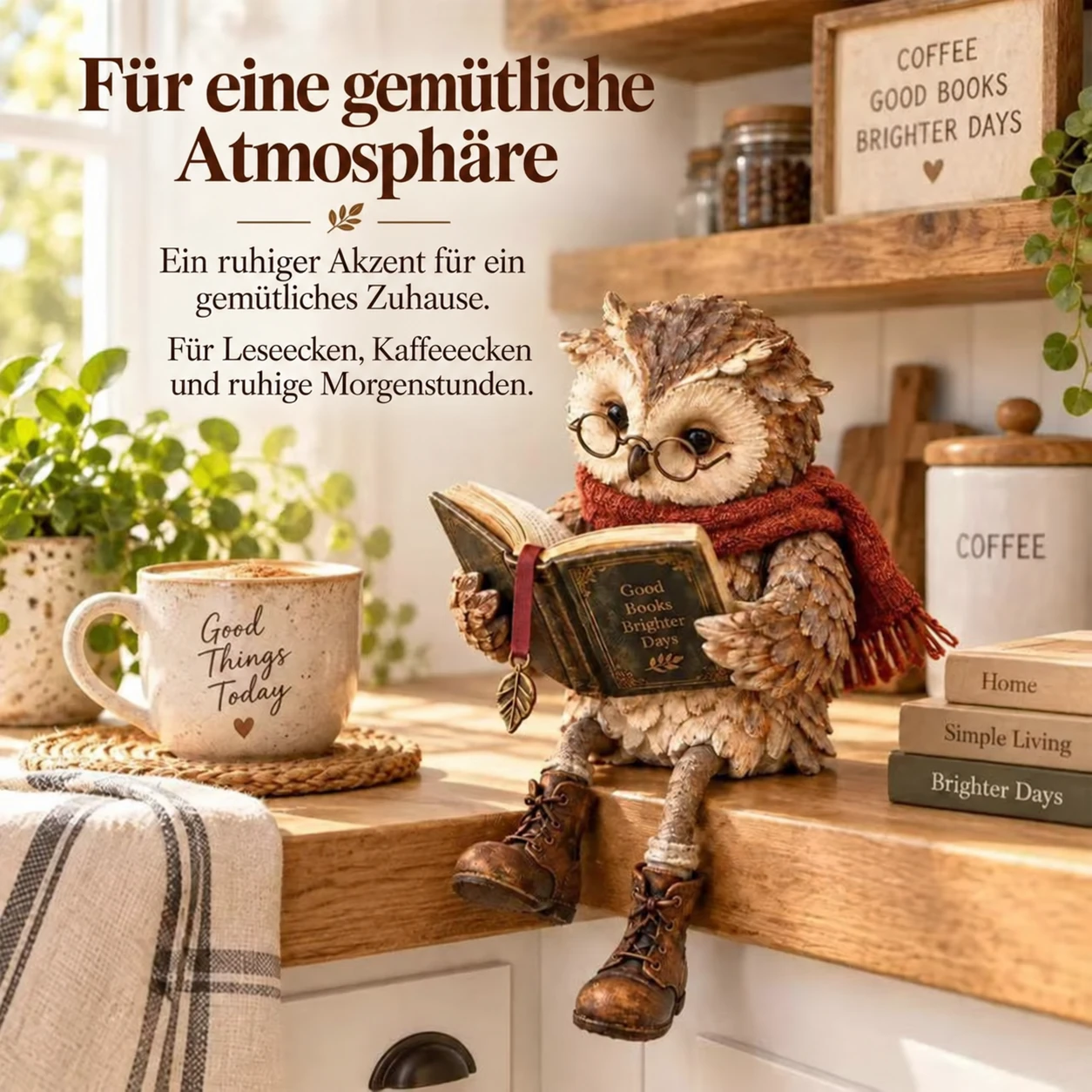 Lesende Eule am Rand einer hölzernen Kaffeeecke