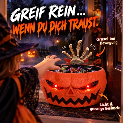 Animierte Halloween-Süßigkeitenschale mit Skeletthand, Licht und Ton