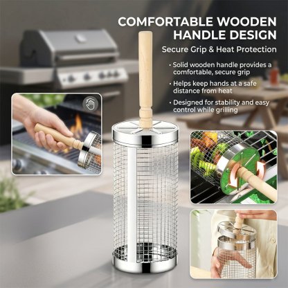 🔥 Stainless Steel Rolling Grill Basket – Effortless 360° Even Cooking