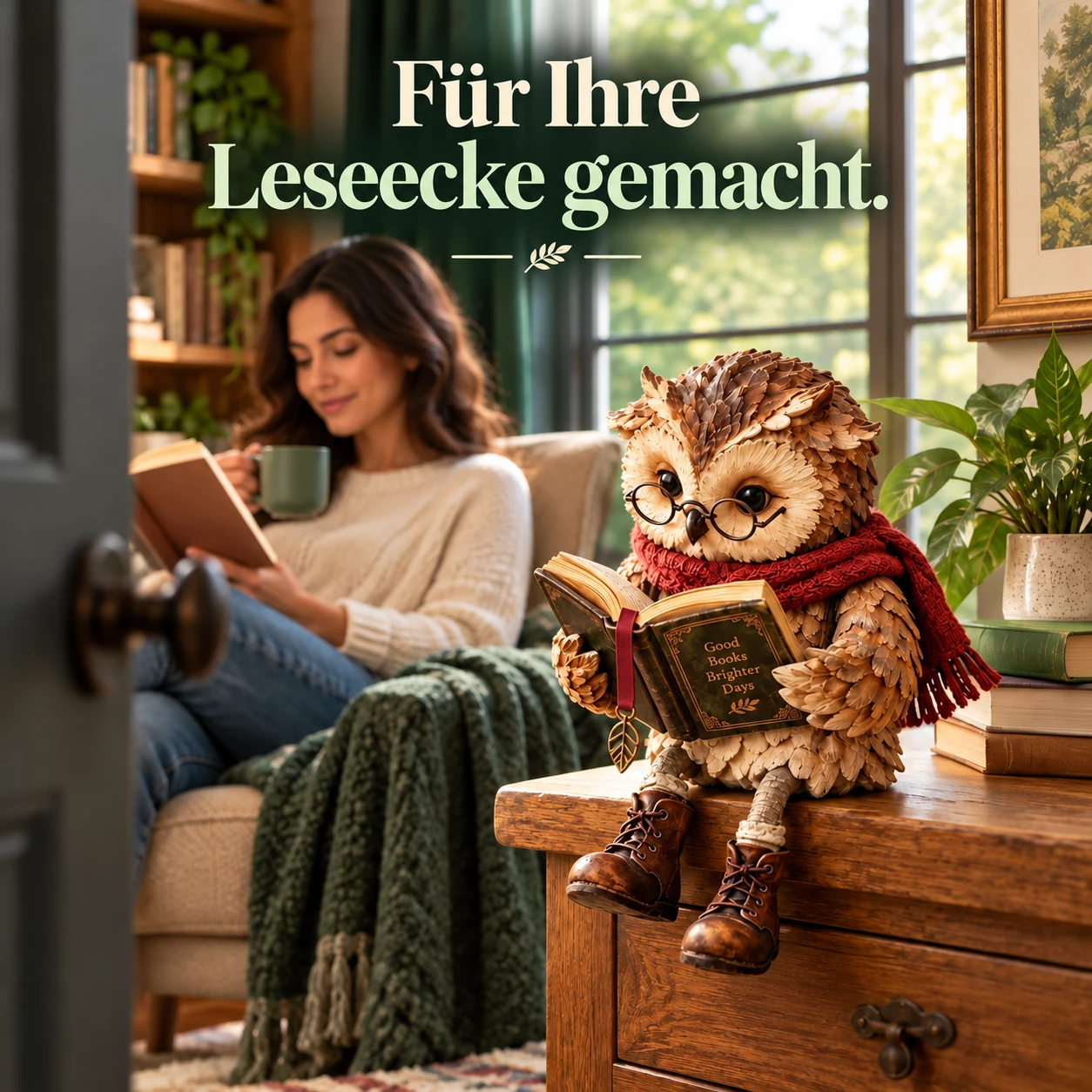 Lesende Eulenfigur für eine gemütliche Leseecke