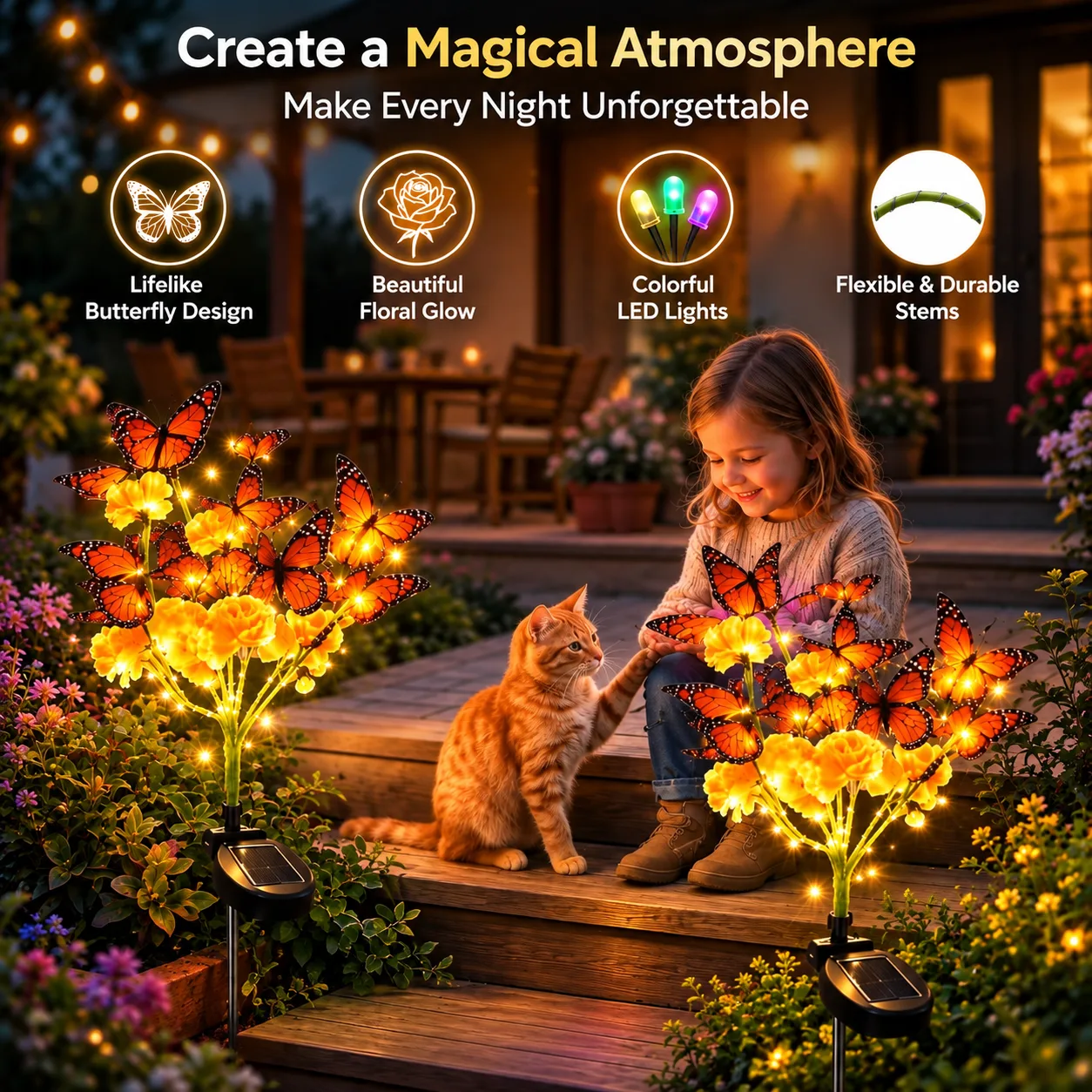 Solarleuchten mit Tagetes und Schmetterlingen schaffen warme Gartenatmosphäre