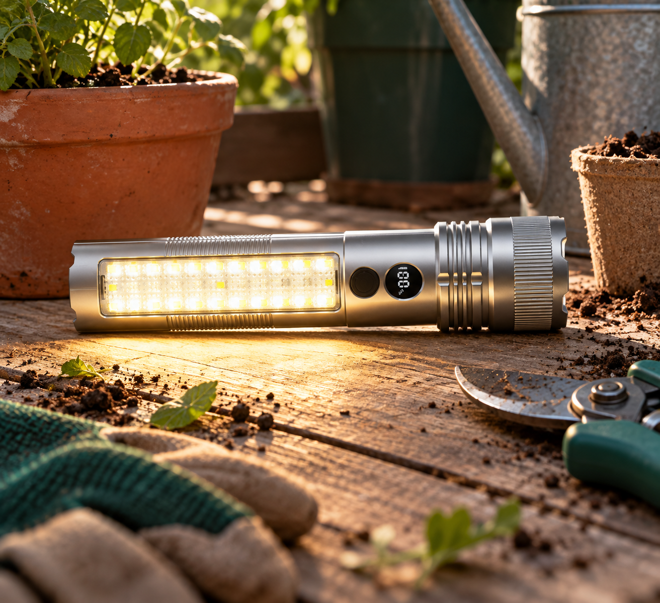 Flashlight with its side light illuminating the nearby surface