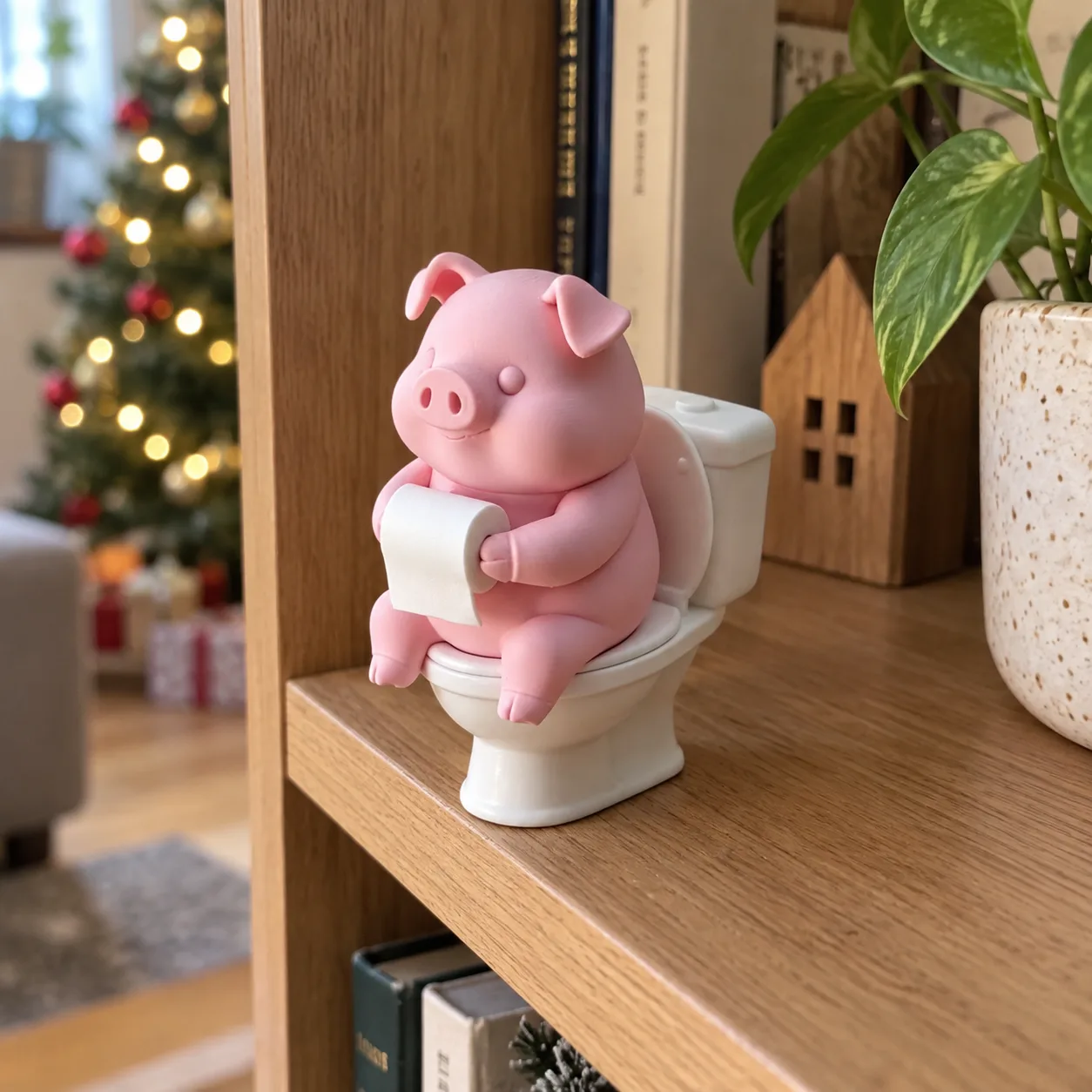 Pig figurine on a bookshelf with subtle holiday lights