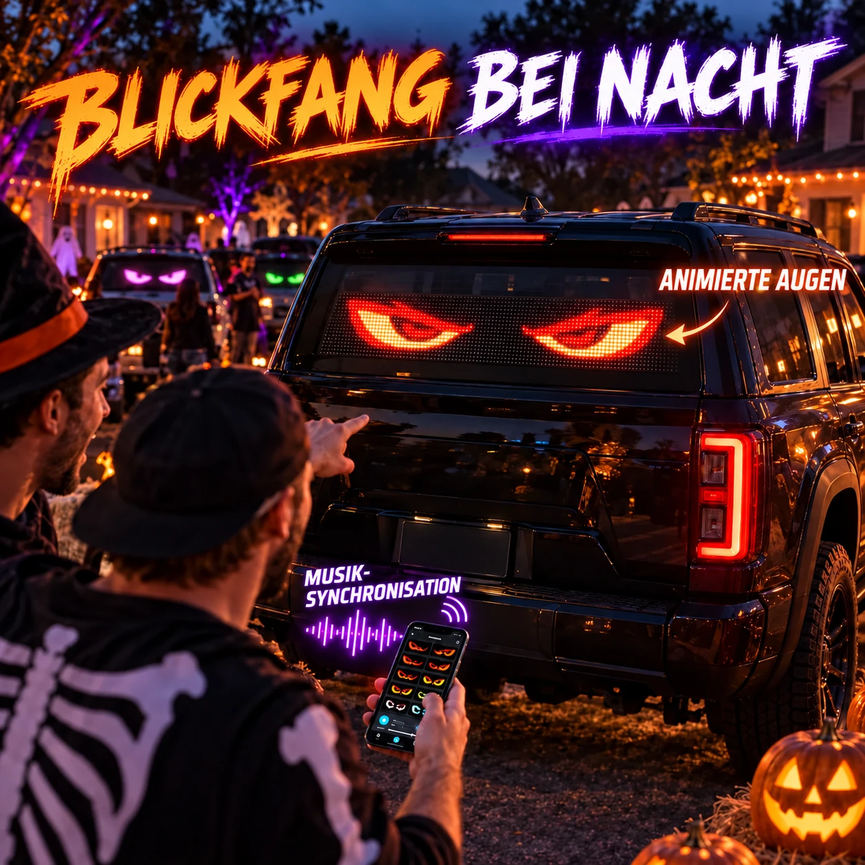 Halloween-Fahrzeugtreffen mit per Telefon gesteuerten animierten LED-Augen