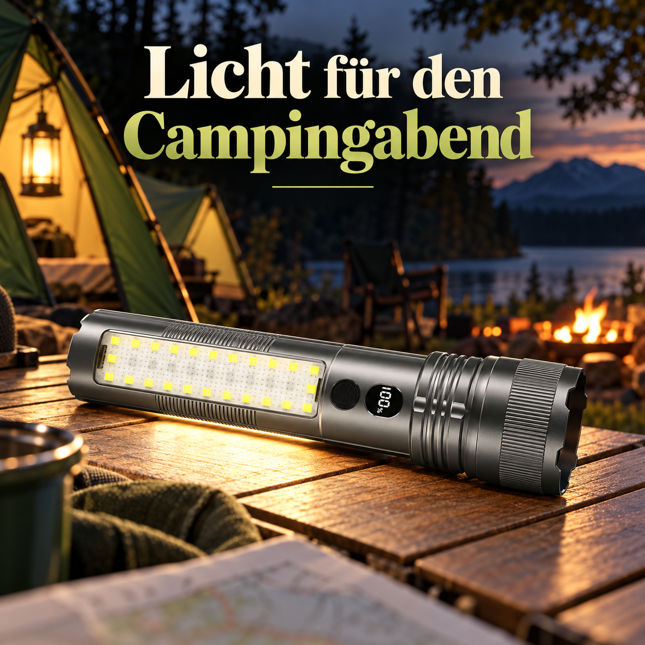 Taschenlampe auf einem Campingtisch