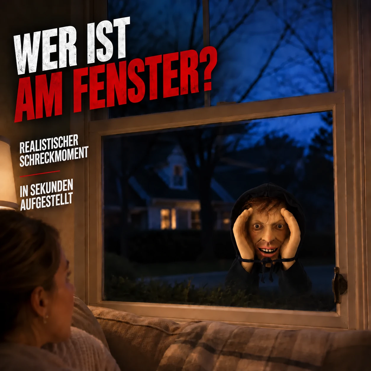 Realistisch aussehende Halloween-Scherzfigur, die durchs Fenster späht