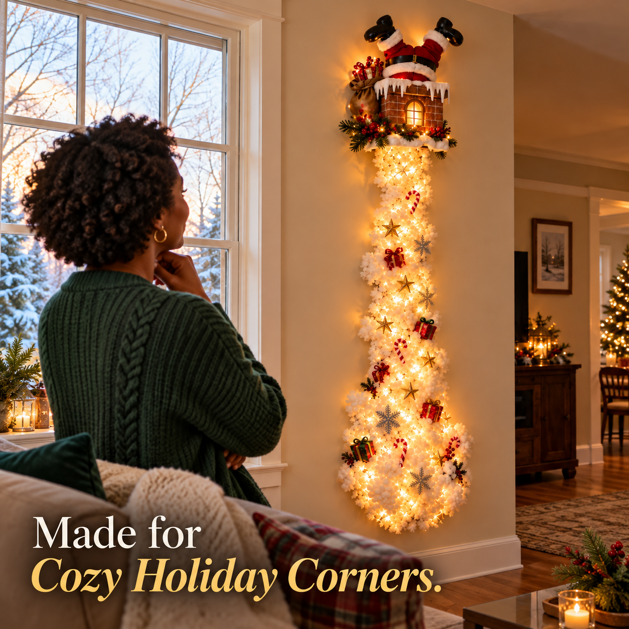 Santa chimney wall hanging with a glowing snowy cascade in an inviting entryway