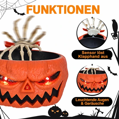 Animierte Halloween-Süßigkeitenschale mit Skeletthand, Licht und Ton