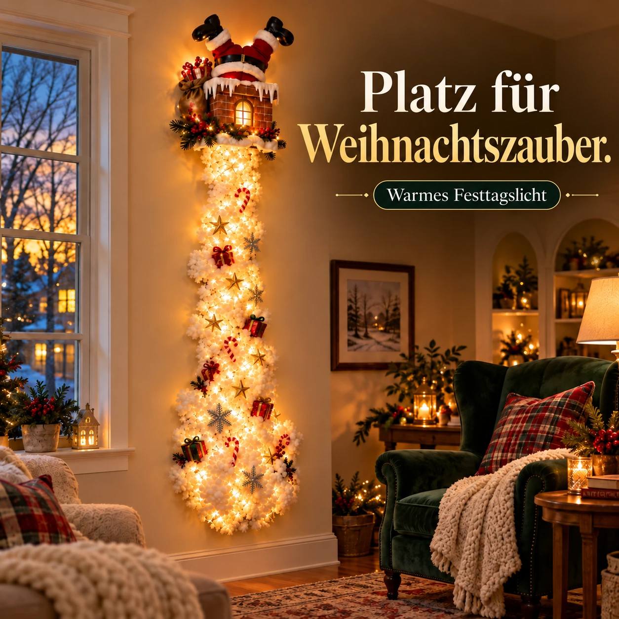 Weihnachtsmann-Kamin-Wanddekoration mit leuchtender Schneekaskade