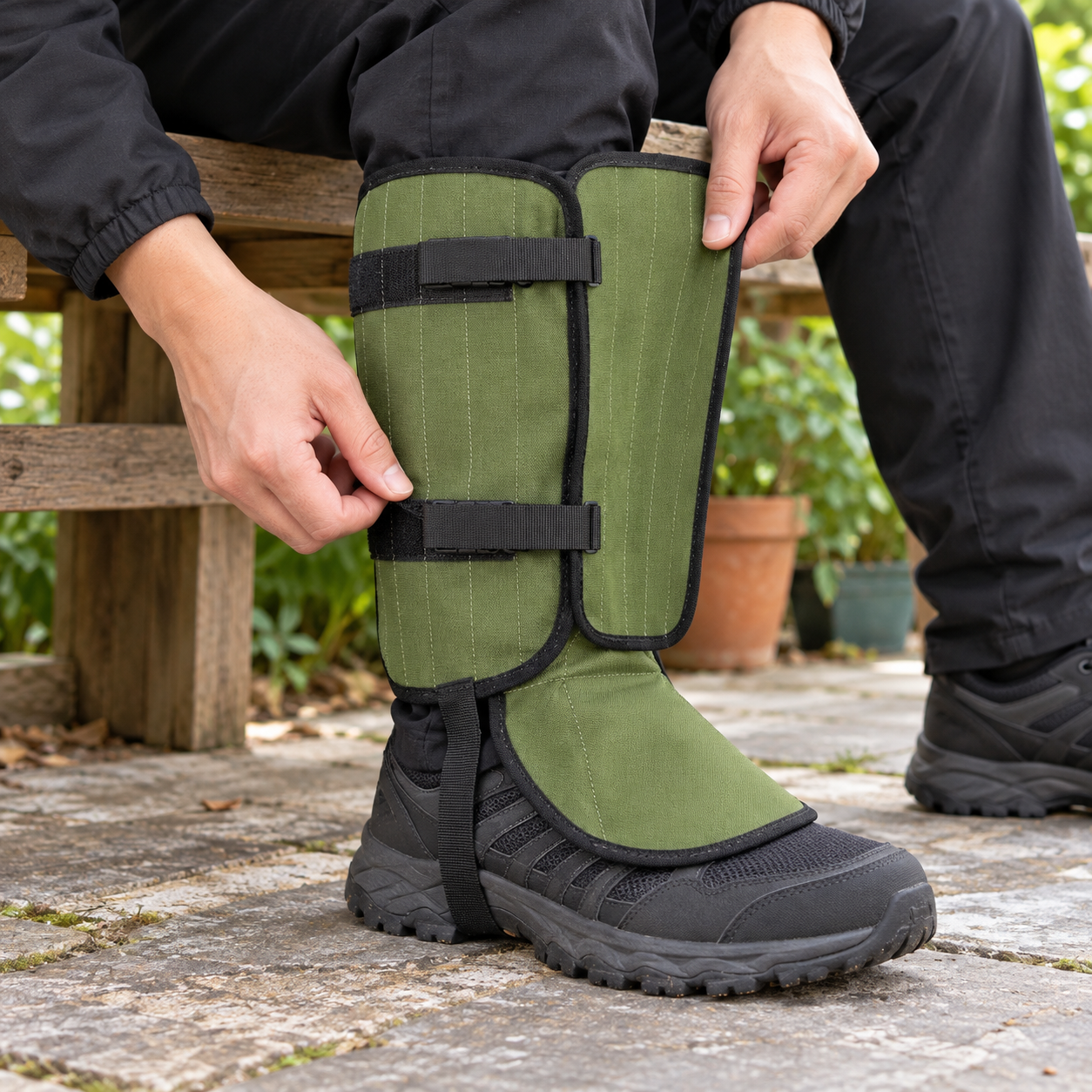 Hand wrapping a green gaiter around a lower leg