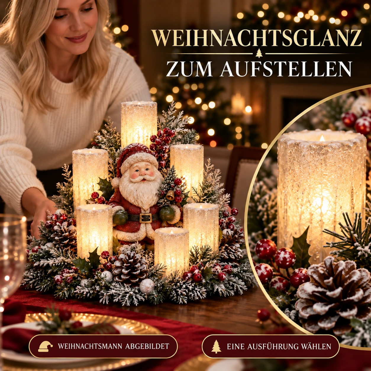Weihnachtliches Tischgesteck mit flammenlosen Kerzen | Wählen Sie Ihren Stil