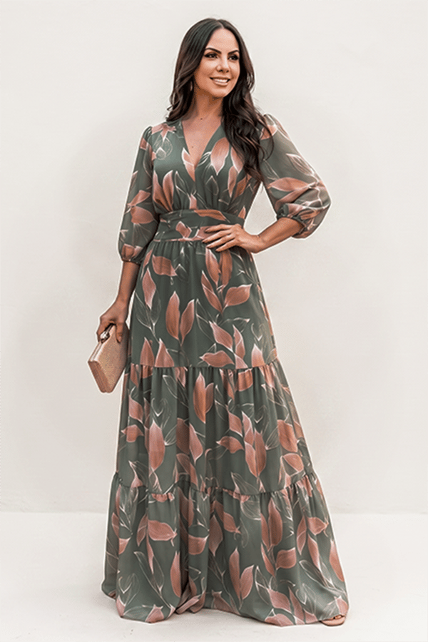 Bohemian Floral Maxi Dress for Women – V-Neck Puff Sleeve Summer Dress