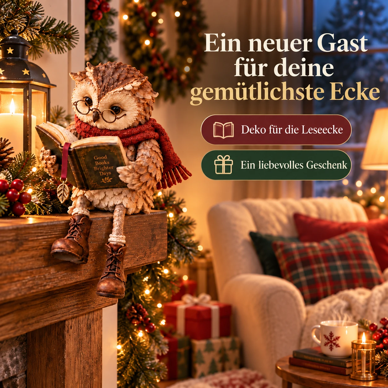 Lesende Weihnachts-Eulenfigur | Märchenhafte Regaldeko
