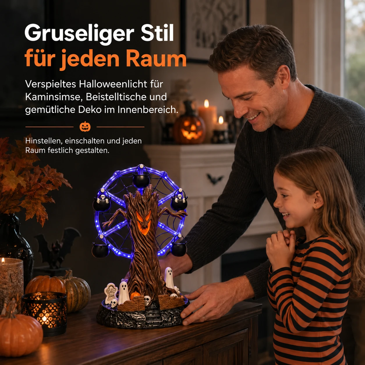 Animierte Halloween-Tischdekoration mit Spukbaum und Riesenrad