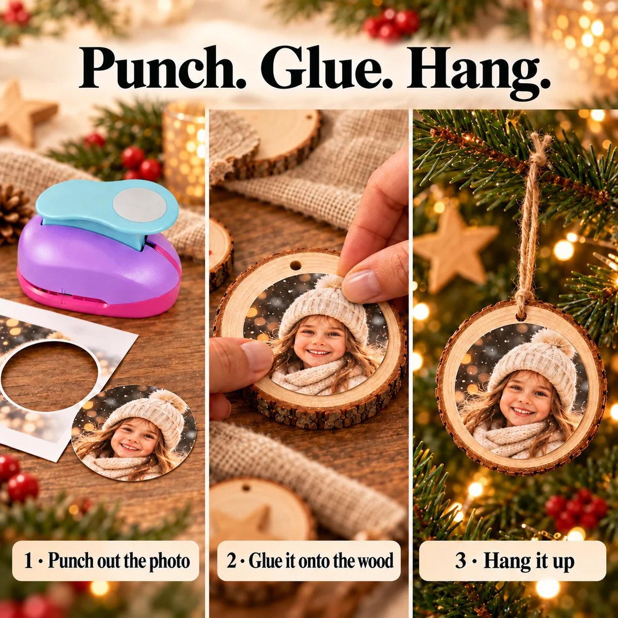 Three steps: punch out a photo, attach it to a wooden disc and hang the photo ornament