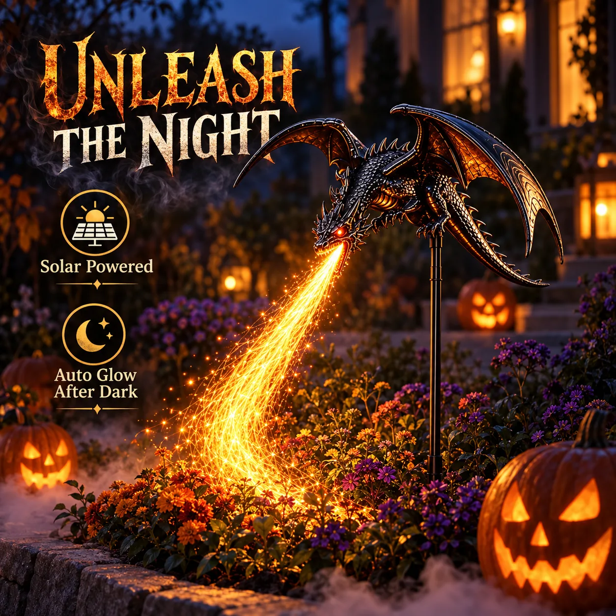 Feuerspeiender Halloween-Drache als Solar-Gartenleuchte bei Nacht