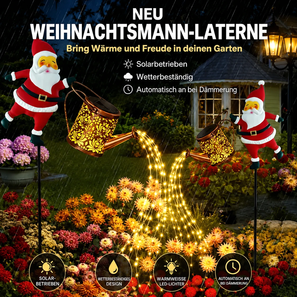 Solar-Gartenleuchte mit Weihnachtsmann und Gießkanne
