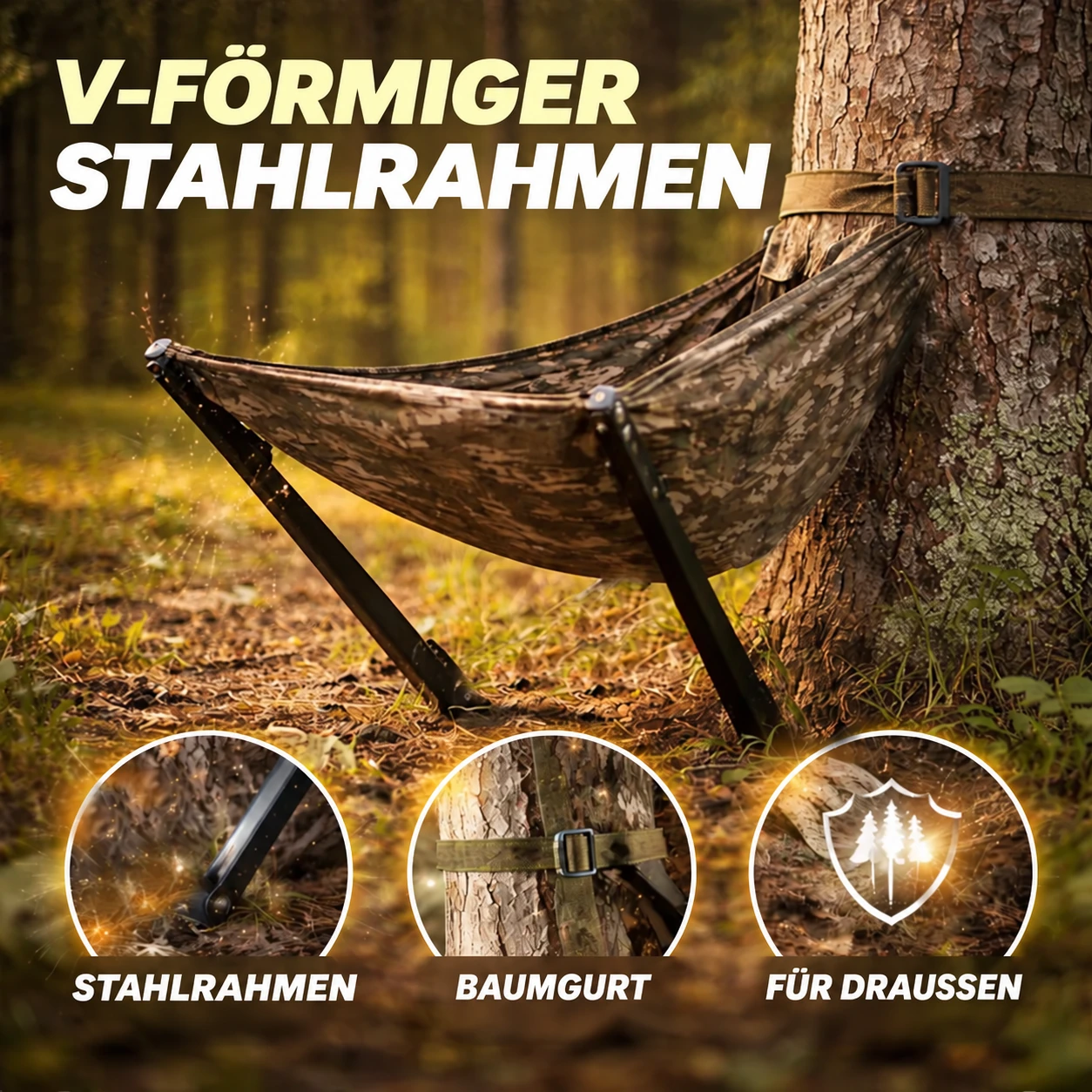 V-förmiger Stahlrahmen und Baumgurt des Tarn-Baumsitzes