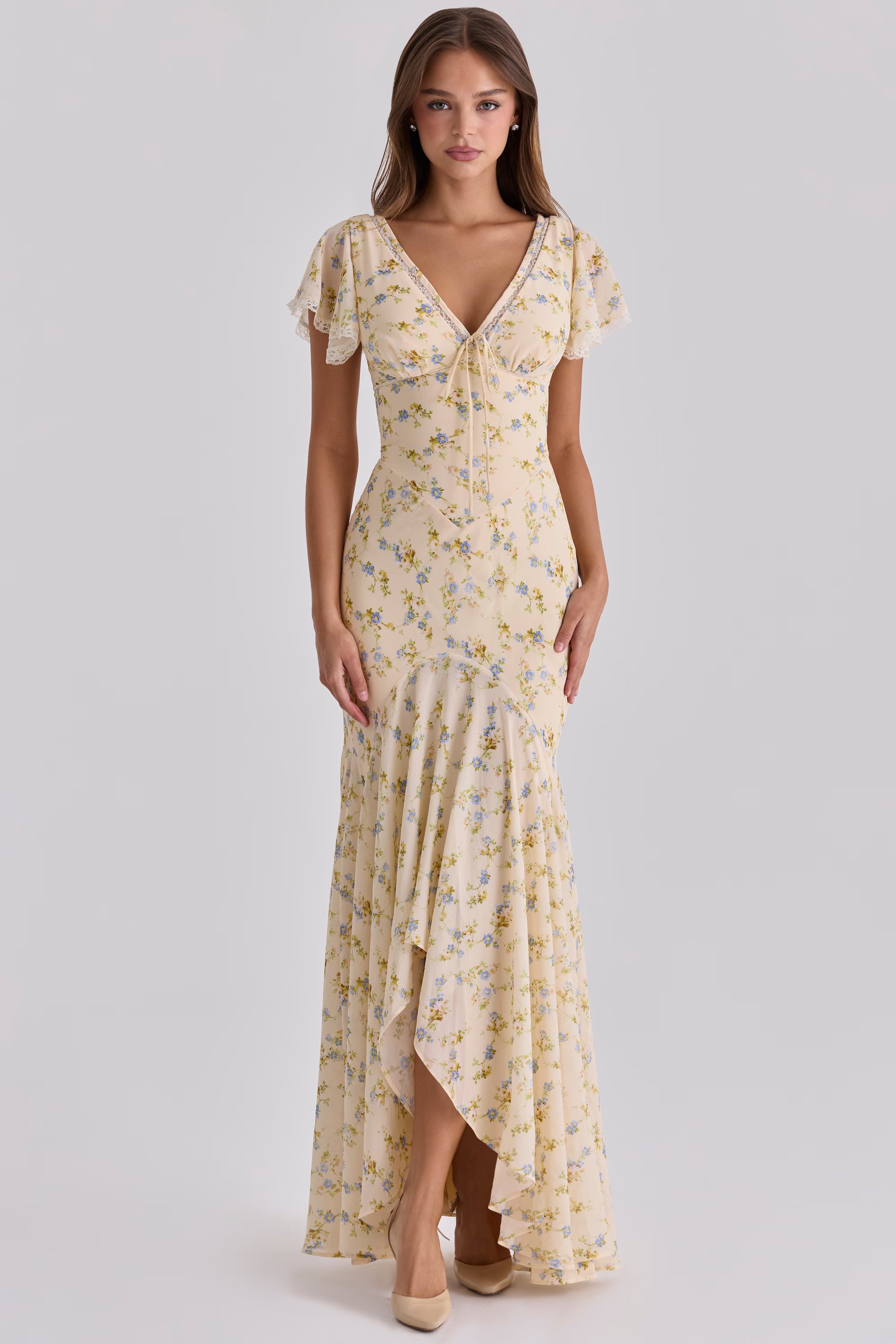 Elegant Floral Lace V-Neck Asymmetrical Dress