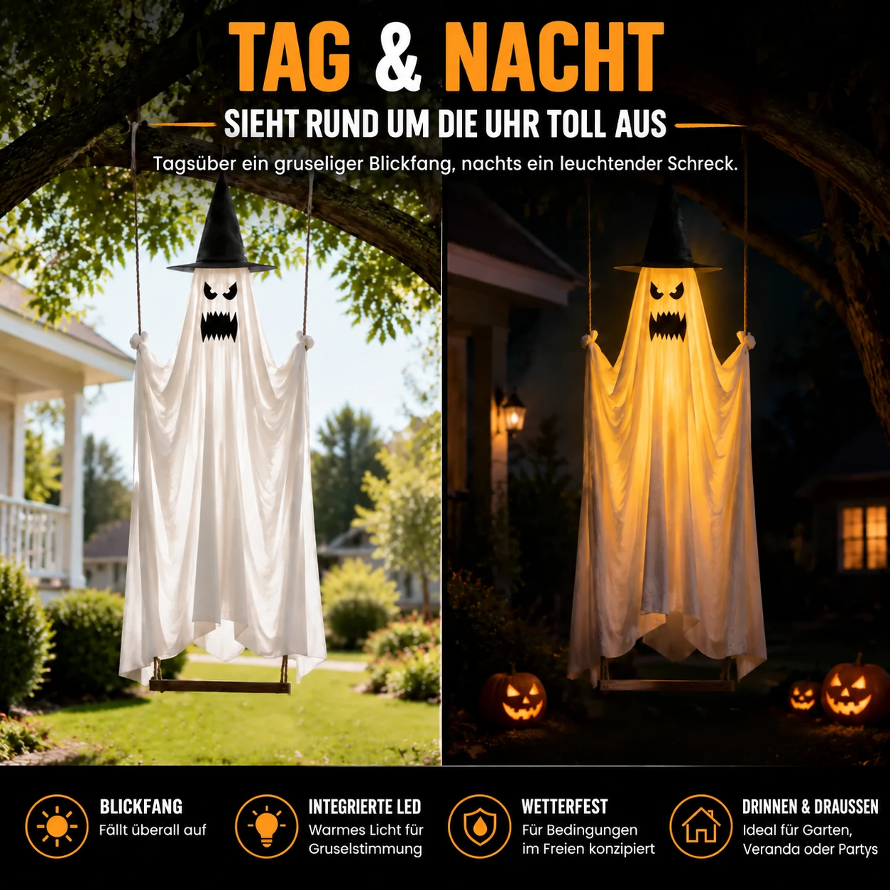 👻Hängender schaukelnder Geist mit LED-Licht als Halloween-Dekoration