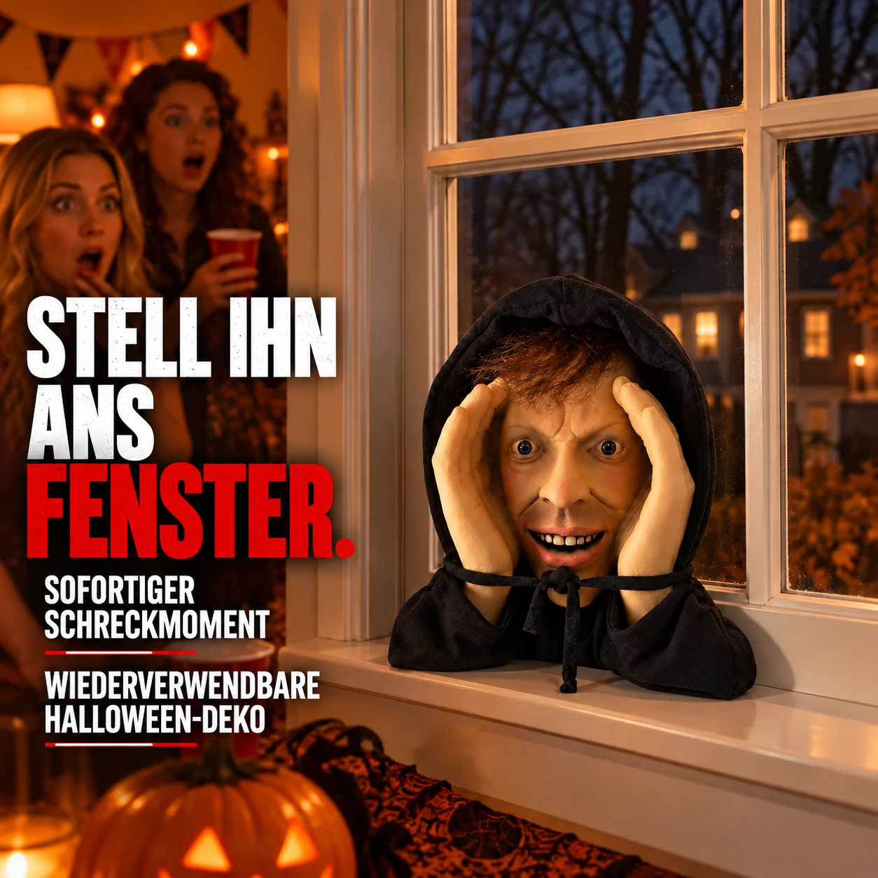 Realistisch aussehende Halloween-Scherzfigur, die durchs Fenster späht
